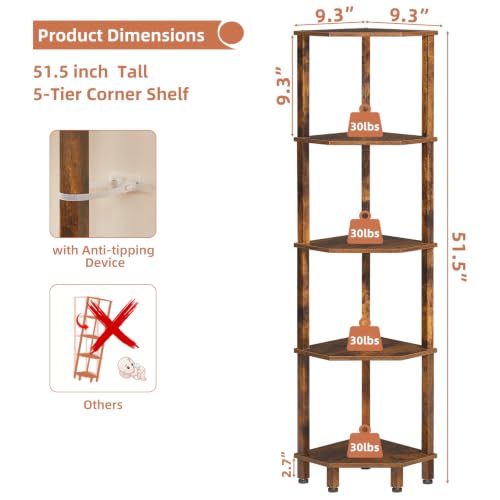 YUFAM 5-Tier Corner Shelf, Brown | Wooden Corner Bookshelf for Small Spaces, Corner Standing Shelf with Sturdy 5-Leg Base - color: Brown, size: 5 Tier