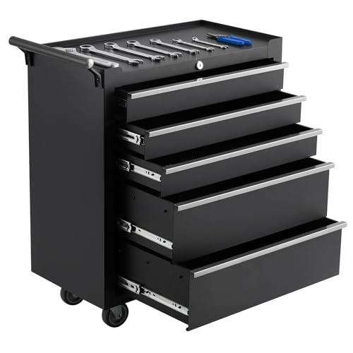 5-Drawer Rolling Tool Chest Cabinet,Portable Tool Storage Cart with Smooth Wheels,Lockable Toolbox Organizer with Drawer Liners,Heavy-Duty Steel Tool Cabinet for Garage and Workshop Use - color: Black, size: 5 Drawers