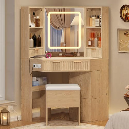 Corner Vanity Desk with Lights and Charging Station, Makeup Vanity with Lights, Vanity Set with Mirror and Storage Stool, Makeup Table with Drawers, Rotating Shelves (Natural Oak) - style: Natural Oak
