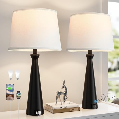 Modern Touch Lamps for Nightstand, 3 Way Dimmable Bedroom Lamp Set of 2 | USB C+A Charging Ports, Black Bedside Lamps for Bedroom, Living Room, End Table, Bed Side, LED Bulb Included - color: A. Black Base-White Shade