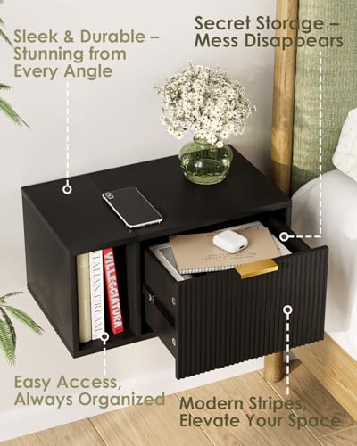 Masupu Floating Nightstand, Wall Mounted Floating Bedside Table with Storage Drawer and Open Shelf, Modern Bedroom Nightstand, 19.3" x 11.4" x 10", Black - color: Black