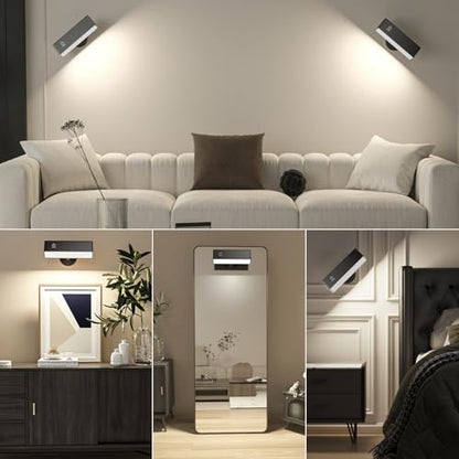 Wireless Wall Sconces 2 Pack, Rechargeable Reading Light for Bed Dimmable | Adhesive Wall Lights for Bedroom with Magnetic & 360 Rotation, Peel and Stick Lights for Wall Bedside, Reading - color: Black