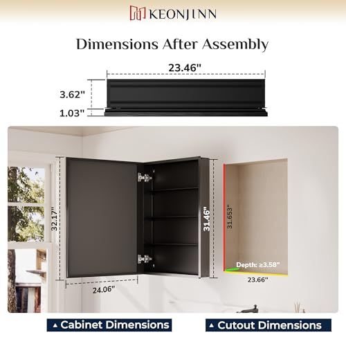 Keonjinn Black Bathroom Medicine Cabinet with Mirror 24x32, Assembly Needed | Stepless Adjustable Shelves, Lightweight Aluminum, Rust-Resistant, Surface Mount or Recessed Bathroom Mirror with Storage - color: Black, size: 24x32 In