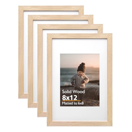 8x12 Picture Frame Natural, Solid Wood Frames with Acrylic Plexiglass for Pictures 6x8 with Mat or 8x12 without Mat, Tabletop and Wall Display Photo Frame, Set of 4 - color: Natural, size: 8x12