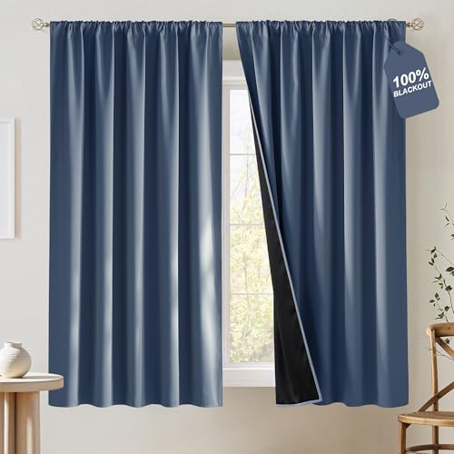 NICETOWN Stone Blue 100% Blackout Curtains for Bedroom, Rod Pocket Room Darkening Thermal Curtains for Bedroom/Living Room, W52 x L63, 2 Panels - color: Stone Blue, size: 52"W x 63"L (Pack of 2)