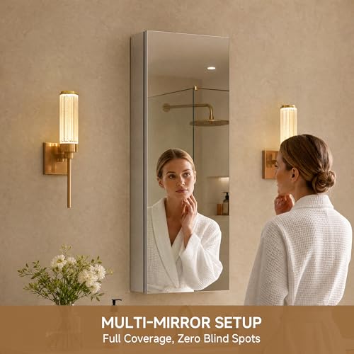 12" x 36" Bathroom Medicine Cabinet with Mirror, Recessed or Wall Mount | Medicine Cabinets with Adjustable Glass Shelves, Soft-Closed Hinge, Chrome Aluminum Frame, Reverse Installation - size: 12" x 36"