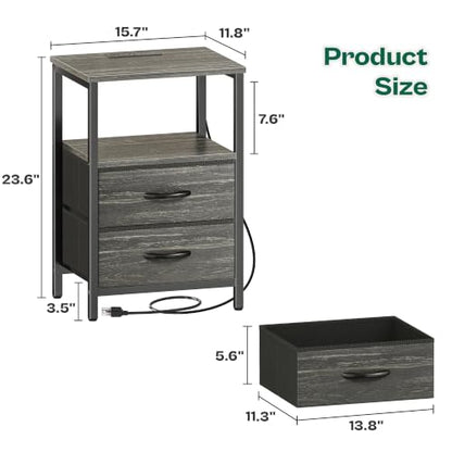 Huuger Night Stand with Charger Station and LED Lights, 2 Drawer Nightstand | Bed Side Table with Open ShelfEnd TableFabric Drawers for Bedroom, Charcoal Black - color: Charcoal Black, size: 11.8"D x 15.7"W x 23.6"H（2 Drawers）