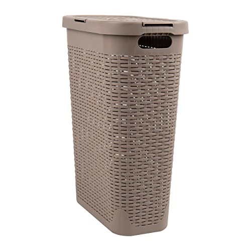 Mind Reader Slim Laundry Hamper with Lid, 40L Clothes Basket, Narrow Tapered Design with Ventilated Cutout Pattern, Plastic, Tan - color: Tan, size: Single