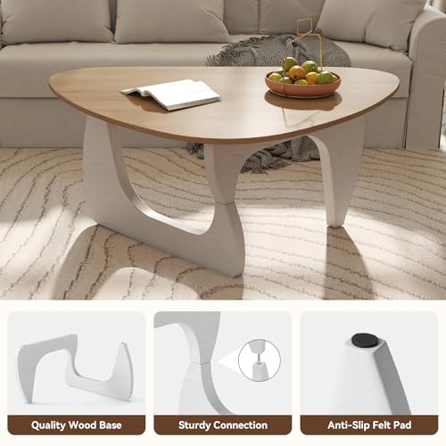 Modern Wood Coffee Table, Triangle Center Table with Premium Wooden Top& Unique Base, 35.5” Small Mid Century Tea Tables for Living Room, Apartment, Office,Natural Wood &White - color: Natural Wood &White, size: Medium 35.5*25.5*15.7in