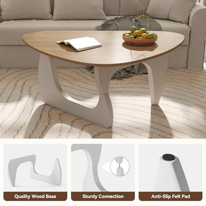 Modern Wood Coffee Table, Triangle Center Table with Premium Wooden Top& Unique Base, 35.5” Small Mid Century Tea Tables for Living Room, Apartment, Office,Natural Wood &White - color: Natural Wood &White, size: Medium 35.5*25.5*15.7in