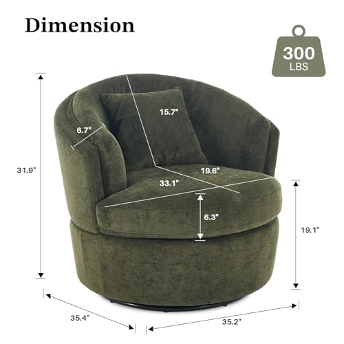 Swivel Accent Chair, Widened Round Barrel Chair with Pillow | Wide Padded Seat, Upholstered Polyester, Silent 360° Swivel Barrel Armchair for Living Room Bedroom Reading Nook, Green - color: Green
