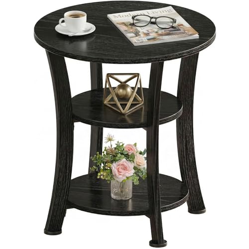 Round End Table 3 Tier Side Table, Small Space Nightstand | 19.7 inch Circle Coffee Accent Table, Outdoor Side Tables for Bedroom, Couch, Patio, Garden, Vintage Rustic (Black) - color: Black