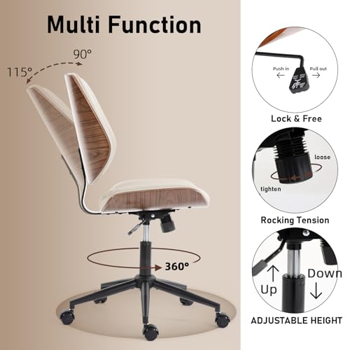 Modern Walnut Home Office Chair, Executive Desk Chair No Arms Beige | with Wheels, Adjustable Height, Comfy PU, Deeper Cushion, Mid Back, 360 Swivel Computer Chair - color: Beige