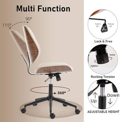 Modern Walnut Home Office Chair, Executive Desk Chair No Arms Beige | with Wheels, Adjustable Height, Comfy PU, Deeper Cushion, Mid Back, 360 Swivel Computer Chair - color: Beige