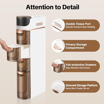 4 Tiers Slim Bathroom Storage Cabinet, Narrow Plastic Rolling Cart Organizer with Drawers, Mobile Storage Organizer with Tissue Box and Removable Dividers for Small Spaces, Bathroom, Bedroom, Kitchen