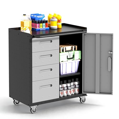Garage Cabinets,Metal Garage Storage Cabinet with Wheels,Lockable Rolling Tool Cabinet with Drawer and Adjustable Shelves,Heavy Duty Tool Chest for Home Office Utility Room,Black/Grey - color: Black/Grey, size: 4 Drawers & 1 Door