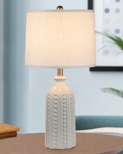 JUNNAI White Ceramic Table Lamp 24.5": 3-Way Dimmable Bedside Lamp with White Drum Slub Shade, Modern Nightstand Lamp for Bedroom & Living Room (Bulb Included) - color: White