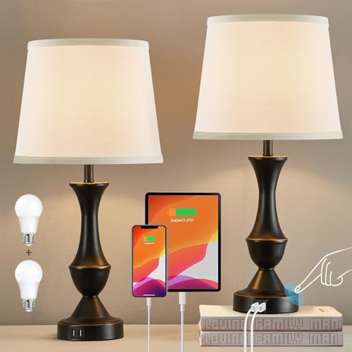 Touch Table Lamps Set of 2, 22" Tall Bedside Lamps with USB C+A Ports | Dimmable Nightstand lamps, Table lamp for Bedrooms, Living Room, Office, Black Lamp with White Lampshade, Bulbs Included - color: Black, White, size: 22in
