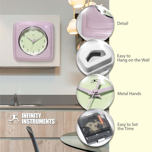 Infinity Instruments Square Retro Wall Clock, Pastel Pink, 9.25" - color: Pastel Pink