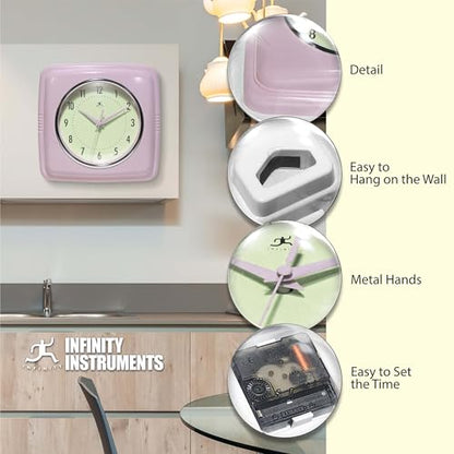 Infinity Instruments Square Retro Wall Clock, Pastel Pink, 9.25" - color: Pastel Pink