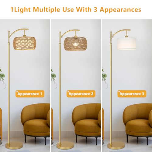 eyassi Arc Floor Lamp with 3 Color Temperatures, LED Gold Floor Lamp with Remote & Stepless Dimmable Bulb, Boho Standing Lamp with Rattan & Fabric Shades, Farmhouse Tall Lamp for Living Room Bedroom - style: Bohemian-Gold