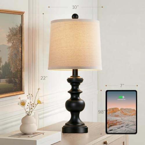 Farmhouse Table Lamp Set of 2, Rustic Table Lamps for Living Room Bedroom, 22" Mid Century Modern Desk Lamp Bedside Nightstand Lamps with Linen Tapered Drum Shades, Matte Black - color: Matte Black