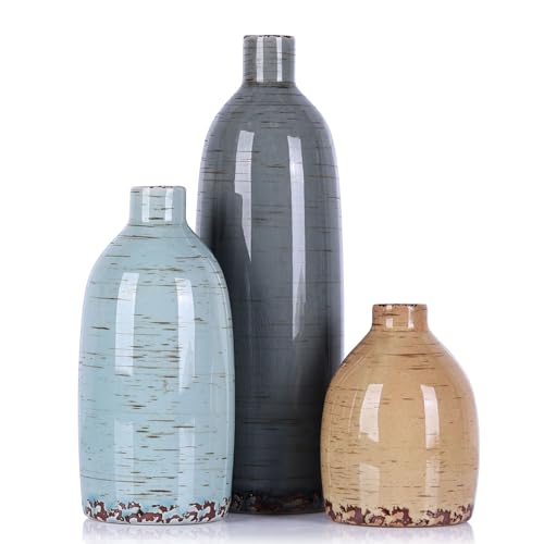 Multicolor Ceramic Vase Set of 3, Farmhouse Vases for Home Decor, Rustic Flower Vases for Living Room, Shelf, Kitchen, Mantel, Bedroom, Coffee Table, Office, Bathroom, Entryway Table Centerpiece Decor - color: Multicolor