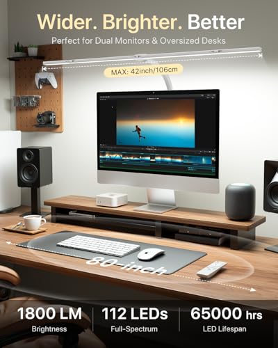 ONEMIX 42" LED Desk Lamp with Clamp, Architect Desk Light with Remote, Adjustable 4-Segment Bar, 1800LM Bright, Eye-Caring Desk Lamp for Home Office, Reading, Study, Dual Monitors, Workbench (White)