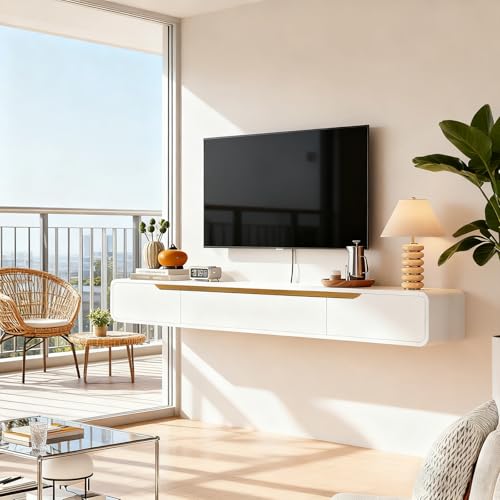 Solid Wood Floating TV Stand Wall Mounted, White, 55" Wall Mounted Entertainment Center Console, Hanging tv Media Shelf for Living Room, Bedroom (DSGWHITE-A, 55IN) - color: Dsgwhite-a, size: 55IN