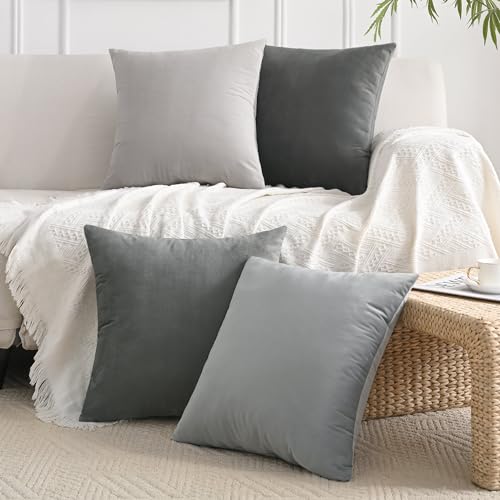 JELLYMONI Velvet Throw Pillow Covers 16x16 Set of 4, Grey | Soft Luxury Feel, Gradient Color Design, Hidden Zipper Closure, Machine Washable, Decorative Home Accent - color: Grey, size: 16" x 16" (Pack of 4)