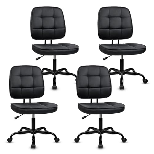 CLATINA Armless Home Office Chair with Lumbar Support and Wheels, Small PU Leather Ergonomic Low Back Desk Chairs No Arms, Adjustable Height 360° Swivel Rolling Computer Task Chair, Black, 4 Pack - color: Black-heibao, size: 4 Pack