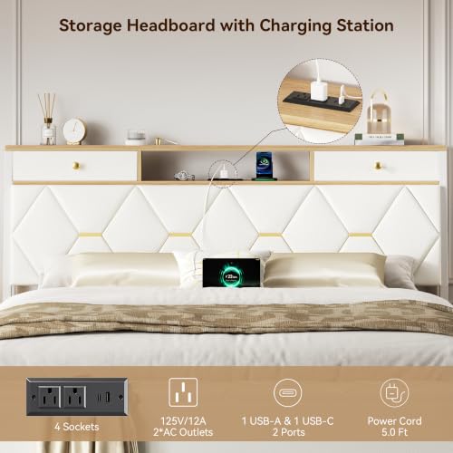 FreeHouse Full Size Bed Frame with Headboard & Storage, All Metal Structure | PU Leather Upholstered Bed Frame Full Size with Charging Station, Diamond Tufted, Gold Accents, No Box Spring Needed, White - color: White, size: Full
