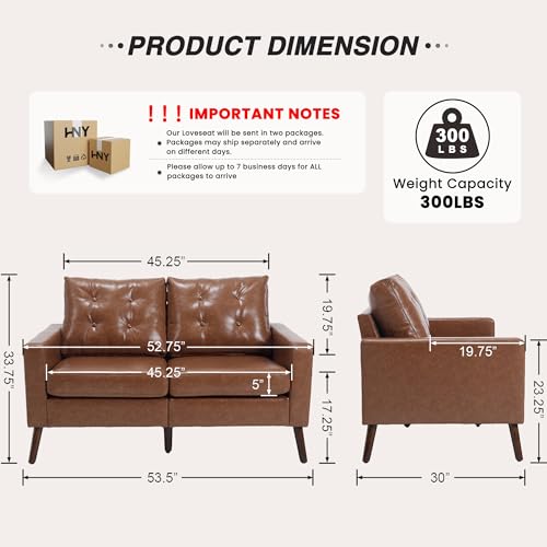 HNY Mid Century Modern 53" Loveseat Sofa, Comfy Upholstered Button Tufted Faux Leather 2 Seater Couch, Lounge Sleeper Love Seats for Small Spaces Living Room Apartment Bedroom, Brown