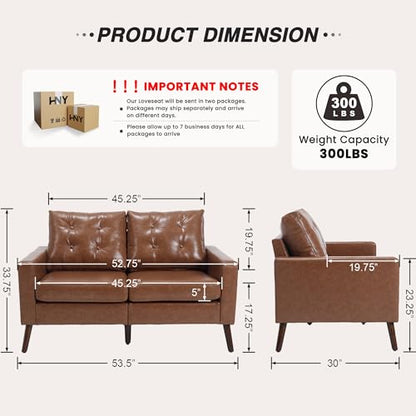 HNY Mid Century Modern 53" Loveseat Sofa, Comfy Upholstered Button Tufted Faux Leather 2 Seater Couch, Lounge Sleeper Love Seats for Small Spaces Living Room Apartment Bedroom, Brown