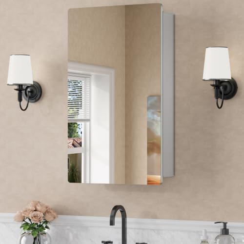 14 x 24 Inch Recessed Medicine Cabinet with Mirror for Bathroom, Silver | Wall Mounted Cabinet for Storage, Adjustable Glass Shelves, Soft-close DTC Hinges, HD Reflection, Pre-assembled, Aluminum - color: Silver, size: 14x24