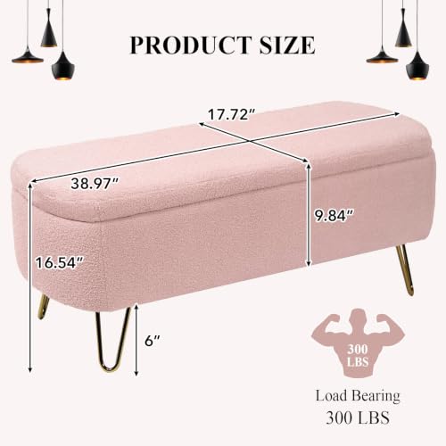 Modern Storage Ottoman Bench, Teddy Upholstered Entryway Bench with Gold Legs, Vintage End of Bed Bench with Safety Hinge, Padded Bench with Storage for Living Room, Bedroom, Entryway (Pink) - color: Pink