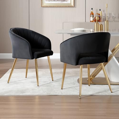 Velvet Home Office Desk Vanity Chair, No Wheels, Gold Legs, Black | Modern Accent Chair with Stylish Stripe Design, Spacious‌ Soft Seat for Girls & Women Bedroom Makeup or Nail Table - color: Black Velvet, No Wheels