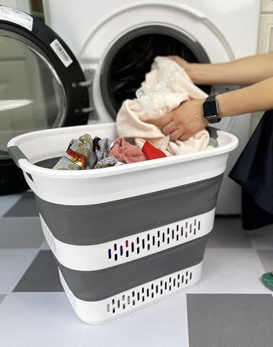 SAMMART 40L (10.5 Gallon) Collapsible Plastic Laundry Basket - Foldable Pop Up Storage Container/Organizer - Portable Laundry Hamper - Space Saving (1, White/Steel Grey) - color: White/Steel Grey