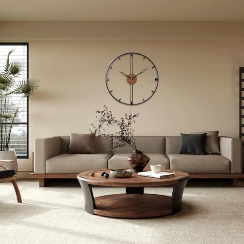 Metal Wall Clock Art for Living Room Decor Modern Mid Century Large Silent Kitchen Big Wall Clock for Bedroom Decorative Office Non Ticking Battery Operated Wall Watch 24 Inch - color: Black Metal