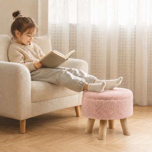 Simple Deluxe 13" Round Storage Ottoman with Wooden Legs & Dual-Use Tray Lid, Fluffy Teddy Boucle Ottoman Footstool for Bedroom, Living Room & Vanity, Pink - color: Pink