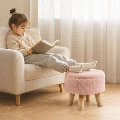 Simple Deluxe 13" Round Storage Ottoman with Wooden Legs & Dual-Use Tray Lid, Fluffy Teddy Boucle Ottoman Footstool for Bedroom, Living Room & Vanity, Pink - color: Pink