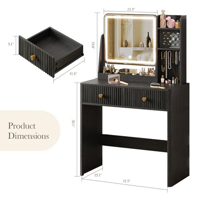 Fluted Makeup Vanity Desk with Mirror and Lights | Small Vanity with 3 Lighting Modes Adjustable Brightness, Jewelry Storage Cabinet and 2 Drawers, Black - color: Black