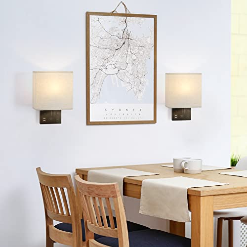 YBING Bedside Wall Lamp Set of 2, Modern Wall Sconces with Plug in Cord Nightstand Wall Lamps with Dual USB and AC Outlet Black Wall Lamps for Bedroom Living Room (2 Bulbs Included)