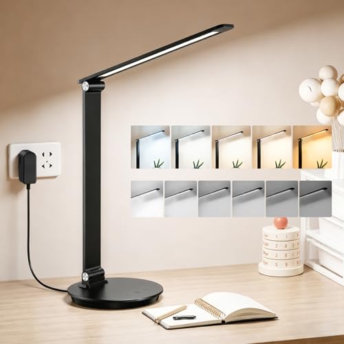 LED Desk Lamp with USB Charging Port, Touch Control, 6 Brightness Levels 6 Color Temperatures, Eye-Caring Desk Light with 1-Hour Timer, Adjustable Foldable Lamp for Home Office, Bedroom, Study - color: Matte Black
