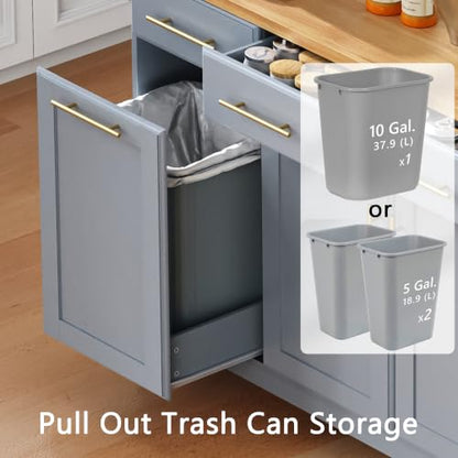 Kitchen Island with Trash Can Storage & Pull-Out Trays | Solid Rubberwood Countertop Kitchen Island on Wheels, Drop Leaf, Power Outlet, 3 Drawers - color: Grey