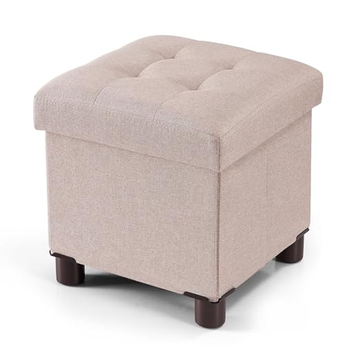 BRIAN & DANY Small Ottoman with Storage, Small Storage Ottoman, Folding Foot Stool with Wood Legs for Living Room and Bedroom Linen Rest Seat, 12.6"x12.6"x12.8" - Beige - color: Beige, size: 12.6"D x 12.6"W x 12.8"H
