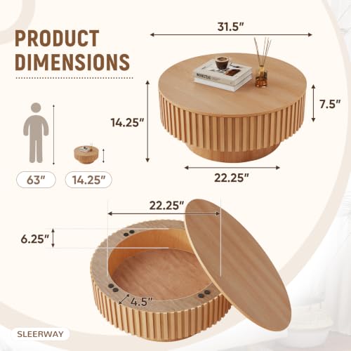 31.5'' Round Coffee Table with Storage, Modern Wooden Fluted Circle Coffee Table Oak Unique Drum Center Table Wood Circular Tea Table for Living Room, Office, Small Apartment, Natural Wood - color: Storage Natural Wood, size: 31.49 inch