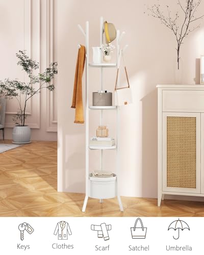 YMYNY Coat Rack, Freestanding Coat Stand with Storage Shelves, Hall Trees with 3 Wooden Shelves and 1 Fabric Basket, Metal Clothes Stand for Hats Bags Hallway Bedroom White UHGR005W - color: White