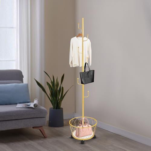 Coat Rack Freestanding, Coat Tree with Umbrella Holder, Metal Coat Rack Stand with 6 Hooks, Modern Coat Hanger Stand w/Wheels for Entryway, Purse Rack Hat Rack Stand (Gold) - color: Gold