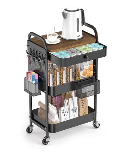 ALVOROG 3 Tier Metal Rolling Cart with Drawer,Wood Top,Pegboards,Black | Storage Utility Cart with Drawers,Pegboards,Lockable Wheels,Baskets,Hooks for Kitchen,Office,Bedroom,DIY Supplies - color: Black